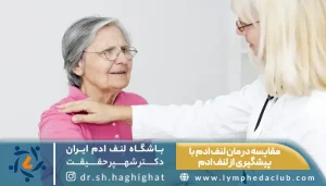 لنفولوژیست در حال معاینه خانم مسن و توضیح مقایسه درمان لنف ادم با پیشگیری از لنف ادم
